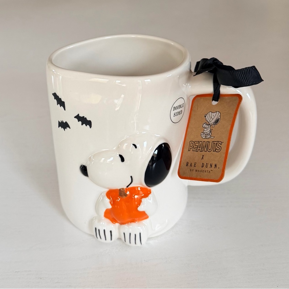 Rae Dunn Peanuts Mug White Ceramic 3D Snoopy Holding a Pumpkin - Picture 3 of 10